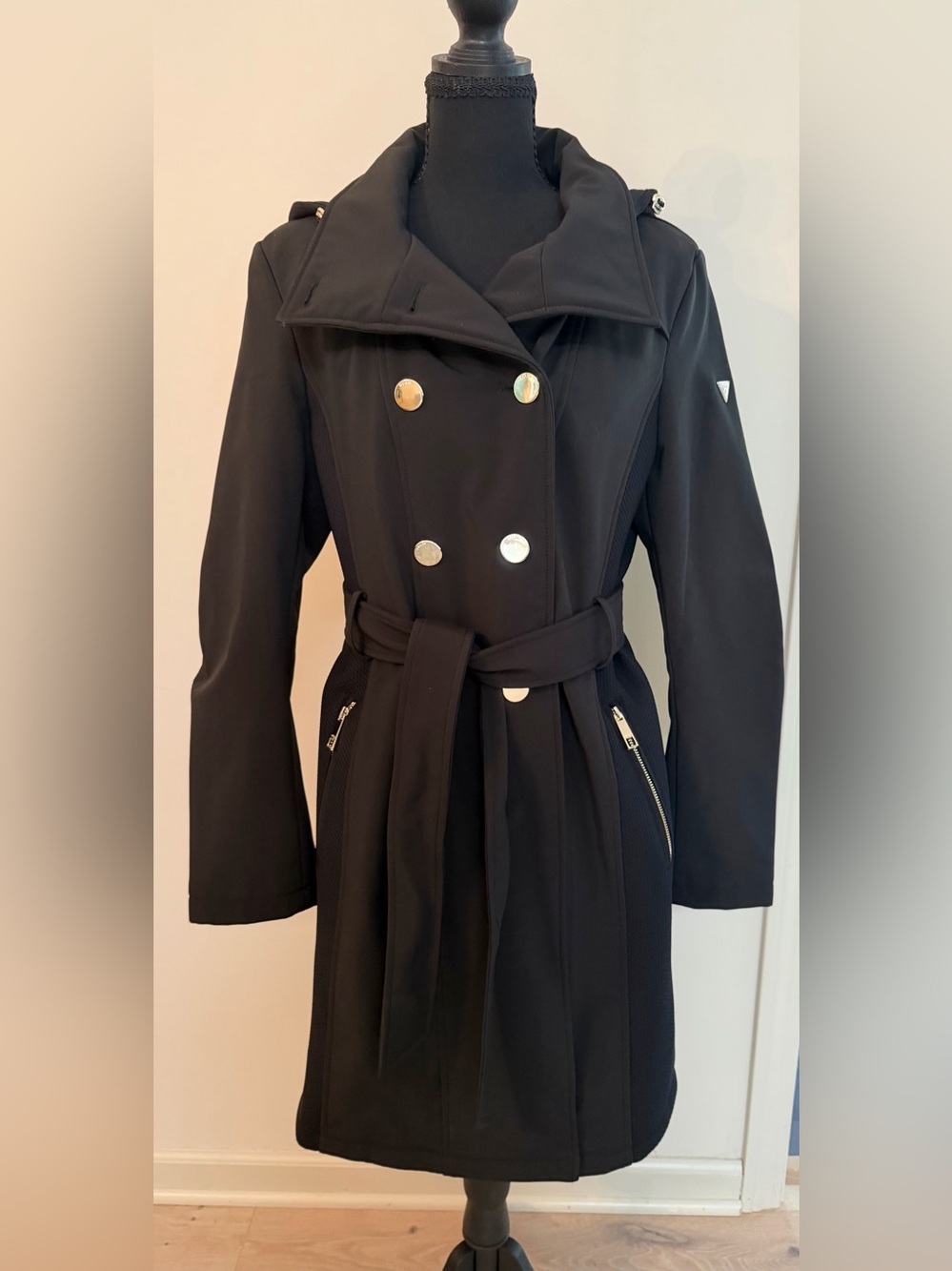 Guess Chic Black Double-Breasted Trench Coat with Belt and Removable Hood L